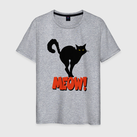 Мужская футболка хлопок с принтом MEOW (МЯУ) в Белгороде, 100% хлопок | прямой крой, круглый вырез горловины, длина до линии бедер, слегка спущенное плечо. | домашнее животное | животное | котенок | котик | котэ | кошечка | кошка | милый | мяу | очаровательны | силуэт | смешной | черный кот