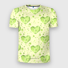 Мужская футболка 3D Slim с принтом Сердце листвы в Тюмени, 100% полиэстер с улучшенными характеристиками | приталенный силуэт, круглая горловина, широкие плечи, сужается к линии бедра | акварель | зеленое | зеленое сердце | зелень | лист | листва | листик | нежность | пастель | природа | салат | салатовый | сердце