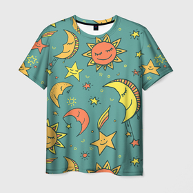 Мужская футболка 3D с принтом Солнце, Луна и Звёзды в Санкт-Петербурге, 100% полиэфир | прямой крой, круглый вырез горловины, длина до линии бедер | moon | space | star | stars | sun | астрономия | вселенная | галактика | звезда | звёзды | космос | луна | наука | солнечная система | солнце