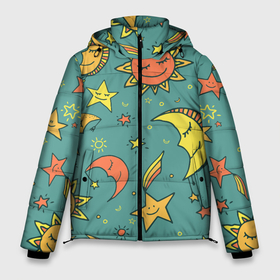 Мужская зимняя куртка 3D с принтом Солнце, Луна и Звёзды , верх — 100% полиэстер; подкладка — 100% полиэстер; утеплитель — 100% полиэстер | длина ниже бедра, свободный силуэт Оверсайз. Есть воротник-стойка, отстегивающийся капюшон и ветрозащитная планка. 

Боковые карманы с листочкой на кнопках и внутренний карман на молнии. | Тематика изображения на принте: moon | space | star | stars | sun | астрономия | вселенная | галактика | звезда | звёзды | космос | луна | наука | солнечная система | солнце