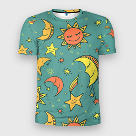 Мужская футболка 3D Slim с принтом Солнце, Луна и Звёзды в Кировске, 100% полиэстер с улучшенными характеристиками | приталенный силуэт, круглая горловина, широкие плечи, сужается к линии бедра | moon | space | star | stars | sun | астрономия | вселенная | галактика | звезда | звёзды | космос | луна | наука | солнечная система | солнце