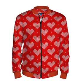 Мужской бомбер 3D с принтом Вязаные Сердечки в Курске, 100% полиэстер | застегивается на молнию, по бокам два кармана без застежек, по низу бомбера и на воротнике - эластичная резинка | Тематика изображения на принте: hearts | knitted | lace | red | white | белый | вязанные | красный | кружево | сердечки | сердца
