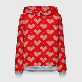 Женская толстовка 3D с принтом Вязаные сердечки в Санкт-Петербурге, 100% полиэстер  | двухслойный капюшон со шнурком для регулировки, мягкие манжеты на рукавах и по низу толстовки, спереди карман-кенгуру с мягким внутренним слоем. | hearts | knitted | lace | red | white | белый | вязанные | красный | кружево | сердечки | сердца