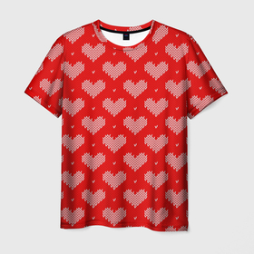 Мужская футболка 3D с принтом Вязаные Сердечки в Петрозаводске, 100% полиэфир | прямой крой, круглый вырез горловины, длина до линии бедер | Тематика изображения на принте: hearts | knitted | lace | red | white | белый | вязанные | красный | кружево | сердечки | сердца