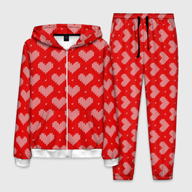 Мужской костюм 3D с принтом Вязаные Сердечки в Петрозаводске, 100% полиэстер | Манжеты и пояс оформлены тканевой резинкой, двухслойный капюшон со шнурком для регулировки, карманы спереди | Тематика изображения на принте: hearts | knitted | lace | red | white | белый | вязанные | красный | кружево | сердечки | сердца