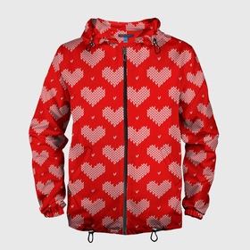 Мужская ветровка 3D с принтом Вязаные Сердечки , 100% полиэстер | подол и капюшон оформлены резинкой с фиксаторами, два кармана без застежек по бокам, один потайной карман на груди | hearts | knitted | lace | red | white | белый | вязанные | красный | кружево | сердечки | сердца
