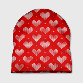Шапка 3D с принтом Вязаные Сердечки в Курске, 100% полиэстер | универсальный размер, печать по всей поверхности изделия | hearts | knitted | lace | red | white | белый | вязанные | красный | кружево | сердечки | сердца