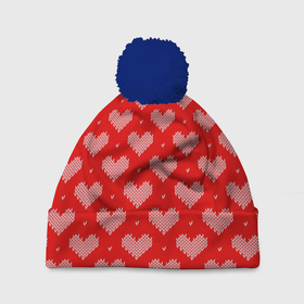 Шапка 3D c помпоном с принтом Вязаные Сердечки в Белгороде, 100% полиэстер | универсальный размер, печать по всей поверхности изделия | hearts | knitted | lace | red | white | белый | вязанные | красный | кружево | сердечки | сердца