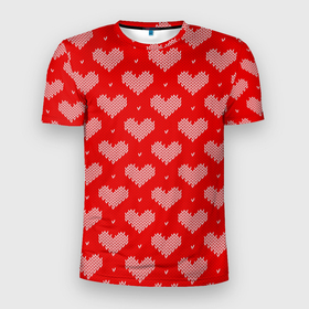 Мужская футболка 3D Slim с принтом Вязаные Сердечки в Петрозаводске, 100% полиэстер с улучшенными характеристиками | приталенный силуэт, круглая горловина, широкие плечи, сужается к линии бедра | Тематика изображения на принте: hearts | knitted | lace | red | white | белый | вязанные | красный | кружево | сердечки | сердца