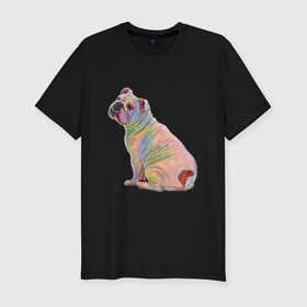 Мужская футболка хлопок Slim с принтом Фантазийный английский бульдог в Белгороде, 92% хлопок, 8% лайкра | приталенный силуэт, круглый вырез ворота, длина до линии бедра, короткий рукав | бульдог | друг | животное | животные | звери | зверь | любимец | питомец | порода | разноцветный | собака | собаки | фантазия