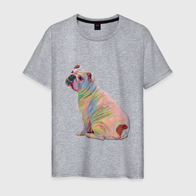 Мужская футболка хлопок с принтом Фантазийный английский бульдог в Тюмени, 100% хлопок | прямой крой, круглый вырез горловины, длина до линии бедер, слегка спущенное плечо. | бульдог | друг | животное | животные | звери | зверь | любимец | питомец | порода | разноцветный | собака | собаки | фантазия