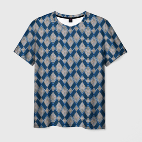 Мужская футболка 3D с принтом Синие, бежевые ромбы в Екатеринбурге, 100% полиэфир | прямой крой, круглый вырез горловины, длина до линии бедер | Тематика изображения на принте: beige | blue | blue rhombuses | geometric | harlequin | rhombic | rhombuses | texture | textured | zig zag | арлекин | бежевые | геометрический | зиг заг | ромбический | ромбы | синие | синие ромбы | текстура | текстурированный