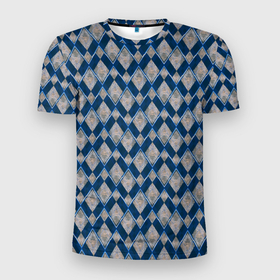 Мужская футболка 3D Slim с принтом Синие, бежевые ромбы в Петрозаводске, 100% полиэстер с улучшенными характеристиками | приталенный силуэт, круглая горловина, широкие плечи, сужается к линии бедра | beige | blue | blue rhombuses | geometric | harlequin | rhombic | rhombuses | texture | textured | zig zag | арлекин | бежевые | геометрический | зиг заг | ромбический | ромбы | синие | синие ромбы | текстура | текстурированный