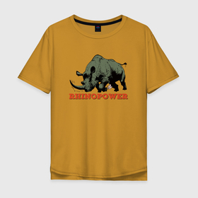 Мужская футболка хлопок Oversize с принтом СИЛА НОСОРОГА в Петрозаводске, 100% хлопок | свободный крой, круглый ворот, “спинка” длиннее передней части | power | африка | дикий | животные | крутой | мощный | мощь | мужик | носорог | природа | сафари | сила | сильный | черный носорог