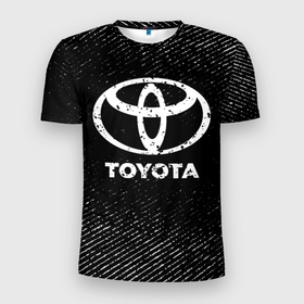 Мужская футболка 3D Slim с принтом Toyota с потертостями на темном фоне в Кировске, 100% полиэстер с улучшенными характеристиками | приталенный силуэт, круглая горловина, широкие плечи, сужается к линии бедра | auto | brand | logo | symbol | toyota | авто | бренд | краска | лого | символ | тойота