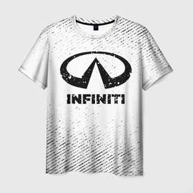 Мужская футболка 3D с принтом Infiniti с потертостями на светлом фоне , 100% полиэфир | прямой крой, круглый вырез горловины, длина до линии бедер | auto | brand | infiniti | logo | symbol | авто | бренд | инфинити | лого | символ | следы | шины