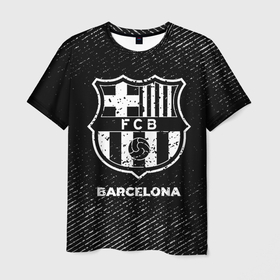 Мужская футболка 3D с принтом Barcelona с потертостями на темном фоне в Петрозаводске, 100% полиэфир | прямой крой, круглый вырез горловины, длина до линии бедер | barca | barcelona | club | football | logo | paint | барса | барселона | брызги | клуб | краска | лого | мяч | символ | спорт | футбол | футболист | футболисты | футбольный