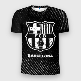 Мужская футболка 3D Slim с принтом Barcelona с потертостями на темном фоне , 100% полиэстер с улучшенными характеристиками | приталенный силуэт, круглая горловина, широкие плечи, сужается к линии бедра | barca | barcelona | club | football | logo | paint | барса | барселона | брызги | клуб | краска | лого | мяч | символ | спорт | футбол | футболист | футболисты | футбольный