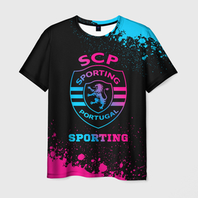 Мужская футболка 3D с принтом Sporting   Neon Gradient в Петрозаводске, 100% полиэфир | прямой крой, круглый вырез горловины, длина до линии бедер | club | football | logo | paint | sporting | брызги | градиент | клуб | краска | лого | мяч | неон | символ | спорт | спортинг | футбол | футболист | футболисты | футбольный