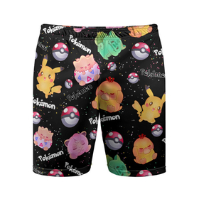 Мужские шорты спортивные с принтом Аниме: Pokemon ,  |  | bulbasaur | pikachu | pok ball | pokemon | pokemon go | psyduck | бульбазавр | мисти | пикачу | покебол | покемон | покемоны | псайдак