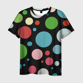 Мужская футболка 3D с принтом Разноцветные круги на чёрном фоне в Екатеринбурге, 100% полиэфир | прямой крой, круглый вырез горловины, длина до линии бедер | circle | color | conposition | fashion | композиция | круг | мода | цвет