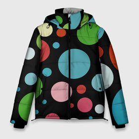 Мужская зимняя куртка 3D с принтом Разноцветные круги на чёрном фоне в Курске, верх — 100% полиэстер; подкладка — 100% полиэстер; утеплитель — 100% полиэстер | длина ниже бедра, свободный силуэт Оверсайз. Есть воротник-стойка, отстегивающийся капюшон и ветрозащитная планка. 

Боковые карманы с листочкой на кнопках и внутренний карман на молнии. | circle | color | conposition | fashion | композиция | круг | мода | цвет