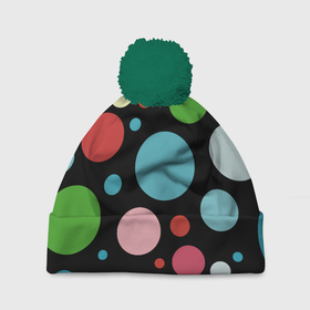 Шапка 3D c помпоном с принтом Разноцветные круги на чёрном фоне в Курске, 100% полиэстер | универсальный размер, печать по всей поверхности изделия | circle | color | conposition | fashion | композиция | круг | мода | цвет