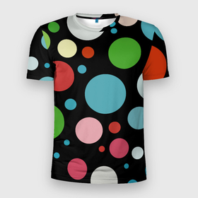 Мужская футболка 3D Slim с принтом Разноцветные круги на чёрном фоне в Новосибирске, 100% полиэстер с улучшенными характеристиками | приталенный силуэт, круглая горловина, широкие плечи, сужается к линии бедра | circle | color | conposition | fashion | композиция | круг | мода | цвет