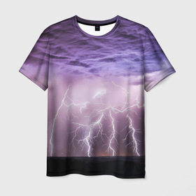 Мужская футболка 3D с принтом Гроза в ночном небе , 100% полиэфир | прямой крой, круглый вырез горловины, длина до линии бедер | element | lightning | nature | storm | storm cloud | гроза | молния | природа | стихия | тучи