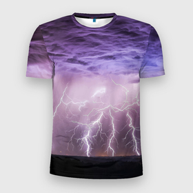 Мужская футболка 3D Slim с принтом Гроза в ночном небе в Белгороде, 100% полиэстер с улучшенными характеристиками | приталенный силуэт, круглая горловина, широкие плечи, сужается к линии бедра | Тематика изображения на принте: element | lightning | nature | storm | storm cloud | гроза | молния | природа | стихия | тучи