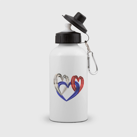 Бутылка спортивная с принтом Триколор: белое, синее и красное сердце , металл | емкость — 500 мл, в комплекте две пластиковые крышки и карабин для крепления | 