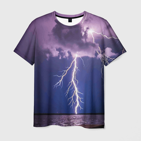 Мужская футболка 3D с принтом Разряд молний над океаном в Новосибирске, 100% полиэфир | прямой крой, круглый вырез горловины, длина до линии бедер | element | lightning | nature | ocean | storm | storm cloud | гроза | молнмя | океан | природа | стихия | туча