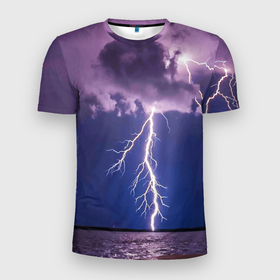 Мужская футболка 3D Slim с принтом Разряд молний над океаном в Екатеринбурге, 100% полиэстер с улучшенными характеристиками | приталенный силуэт, круглая горловина, широкие плечи, сужается к линии бедра | Тематика изображения на принте: element | lightning | nature | ocean | storm | storm cloud | гроза | молнмя | океан | природа | стихия | туча