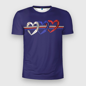 Мужская футболка 3D Slim с принтом Флаг России из сердечек триколор в Белгороде, 100% полиэстер с улучшенными характеристиками | приталенный силуэт, круглая горловина, широкие плечи, сужается к линии бедра | белый | красный | патриотизм | россия | сердце | синий | триколор | флаг