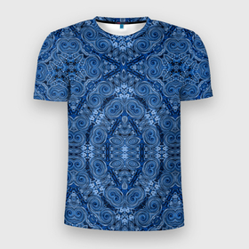 Мужская футболка 3D Slim с принтом Gray blue ethnic arabic ornament в Новосибирске, 100% полиэстер с улучшенными характеристиками | приталенный силуэт, круглая горловина, широкие плечи, сужается к линии бедра | arabic | arabic ornament | ethnic | арабский | восточный | дамасский узор | орнамент | синий | этнический узор