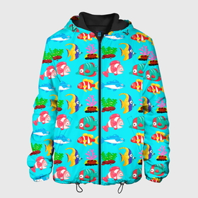 Мужская куртка 3D с принтом THE UNDERWATER WORLD OF MARINE FISH в Екатеринбурге, ткань верха — 100% полиэстер, подклад — флис | прямой крой, подол и капюшон оформлены резинкой с фиксаторами, два кармана без застежек по бокам, один большой потайной карман на груди. Карман на груди застегивается на липучку | Тематика изображения на принте: animals | aquatic | blue | bright | corals | depth | marine life | marine world | nature | ocean | orange | sea | water | вода | водный | глубина | животные | кораллы | море | морская жизнь | морской мир | океан | оранжевый | подводный | природа | синий |