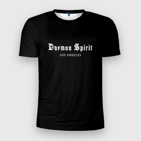 Мужская футболка 3D Slim с принтом Daemon Spirit Black   Los Angeles в Курске, 100% полиэстер с улучшенными характеристиками | приталенный силуэт, круглая горловина, широкие плечи, сужается к линии бедра | daemon spirit | los angeles | белый | женское | коллекция | мужское | надписи | чёрный | эстетика