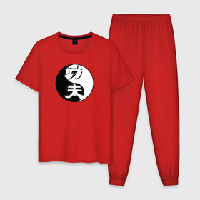 Мужская пижама хлопок с принтом Кунг фу логотип на фоне знака ИНЬ ЯНЬ , 100% хлопок | брюки и футболка прямого кроя, без карманов, на брюках мягкая резинка на поясе и по низу штанин
 | kung fu | боевое исскуство | знак | инь янь | китайские иероглифы | кунг фу | кунгфу | чернобелое