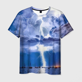Мужская футболка 3D с принтом Разряд молнии над океаном в Курске, 100% полиэфир | прямой крой, круглый вырез горловины, длина до линии бедер | element | lightning | nature | ocean | storm | storm cloud | yacht | гроза | молния | океан | природа | стихия | туча | яхта