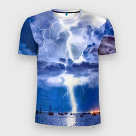 Мужская футболка 3D Slim с принтом Разряд молнии над океаном в Екатеринбурге, 100% полиэстер с улучшенными характеристиками | приталенный силуэт, круглая горловина, широкие плечи, сужается к линии бедра | element | lightning | nature | ocean | storm | storm cloud | yacht | гроза | молния | океан | природа | стихия | туча | яхта