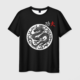 Мужская футболка 3D с принтом Кунг фу китайский дракон и надпись на китайском в Екатеринбурге, 100% полиэфир | прямой крой, круглый вырез горловины, длина до линии бедер | dragon | kung fu | боевое исскуство | дракон | китайсике иероглифы | кунг фу | кунгфу