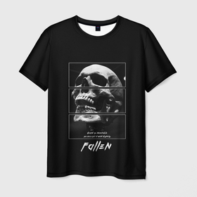 Мужская футболка 3D с принтом Skull with inscriptions в Санкт-Петербурге, 100% полиэфир | прямой крой, круглый вырез горловины, длина до линии бедер | анатомия | белый | надписи | скелет | темный | череп | чёрный