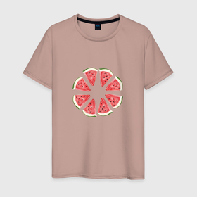 Мужская футболка хлопок с принтом Дольки арбуза по кругу в Петрозаводске, 100% хлопок | прямой крой, круглый вырез горловины, длина до линии бедер, слегка спущенное плечо. | арбуз | дольки | дольки арбуза | красный | лето | фрукт | ягода