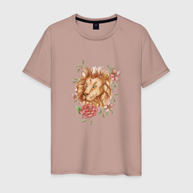Мужская футболка хлопок с принтом Лев с цветами в Новосибирске, 100% хлопок | прямой крой, круглый вырез горловины, длина до линии бедер, слегка спущенное плечо. | зверь | знак зодиака лев | лев | царь зверей | цветы