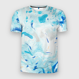 Мужская футболка 3D Slim с принтом Жидкий шелк blue в Екатеринбурге, 100% полиэстер с улучшенными характеристиками | приталенный силуэт, круглая горловина, широкие плечи, сужается к линии бедра | жидкий шелк | разводы | текстура | шелк