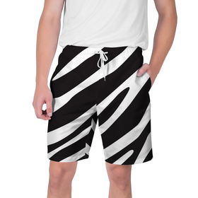 Мужские шорты 3D с принтом анималистичный рисунок зебра в Петрозаводске,  полиэстер 100% | прямой крой, два кармана без застежек по бокам. Мягкая трикотажная резинка на поясе, внутри которой широкие завязки. Длина чуть выше колен | animal | animalistic | animals | black | black and white | bw | stripes | white | zebra | zebra stripes | анималистичный | белый | животное | животные | звери | зверь | зебра | полосы | полосы зебры | чб | черно белый | чернобелый | черный