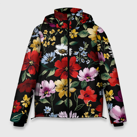 Мужская зимняя куртка 3D с принтом цветы на черном фоне паттерн в Тюмени, верх — 100% полиэстер; подкладка — 100% полиэстер; утеплитель — 100% полиэстер | длина ниже бедра, свободный силуэт Оверсайз. Есть воротник-стойка, отстегивающийся капюшон и ветрозащитная планка. 

Боковые карманы с листочкой на кнопках и внутренний карман на молнии. | black | black background | colorful | flowers | nature | pattern | plants | паттерн | природа | разноцветный | растения | цветочки | цветы | черный | черный фон