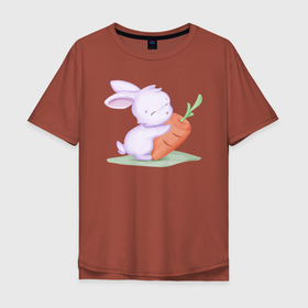Мужская футболка хлопок Oversize с принтом Милый Крольчонок На Лужайке С Морковкой в Тюмени, 100% хлопок | свободный крой, круглый ворот, “спинка” длиннее передней части | animals | beast | cute | hare | rabbit | животные | заяц | звери | кролик | крольчонок | лужайка | милый