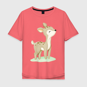 Мужская футболка хлопок Oversize с принтом Милый Оленёнок На Лужайке , 100% хлопок | свободный крой, круглый ворот, “спинка” длиннее передней части | animals | beast | cute | nature | животные | звери | лужайка | милый | оленёнок | олень | природа