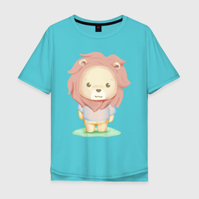Мужская футболка хлопок Oversize с принтом Милый Львёнок На Лужайке в Екатеринбурге, 100% хлопок | свободный крой, круглый ворот, “спинка” длиннее передней части | animals | beast | cute | lion | nature | животные | звери | лев | лужайка | львёнок | природа